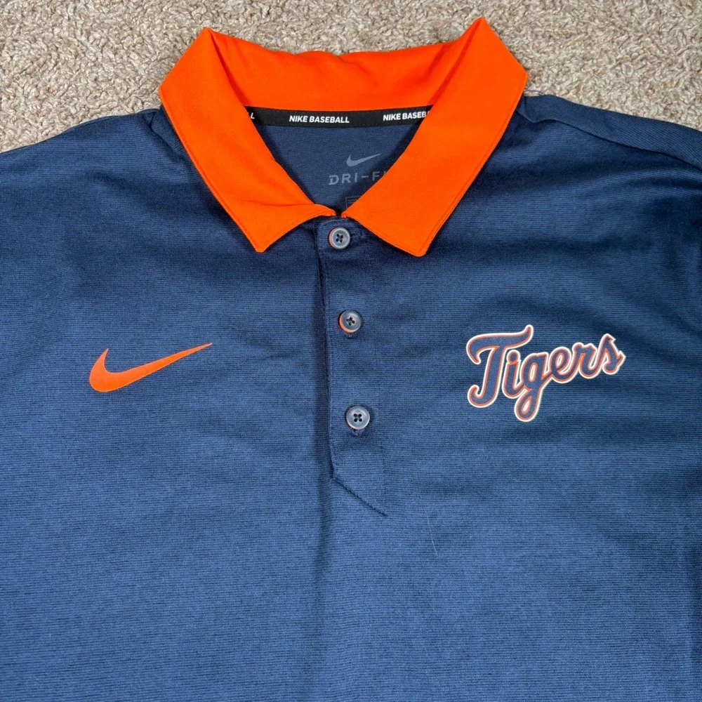 Nike Baseball Detroit Tigers Dri-FIT Polo‎ Shirt Mens Large Navy Blue Orange MLB